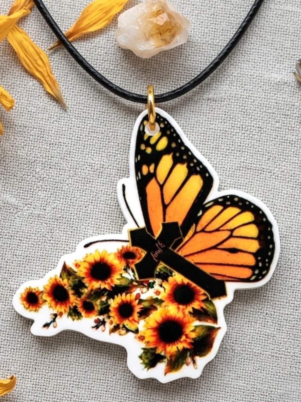 Bright Orange Yellow Sunflower Butterfly Outdoor Summer Fields Necklace